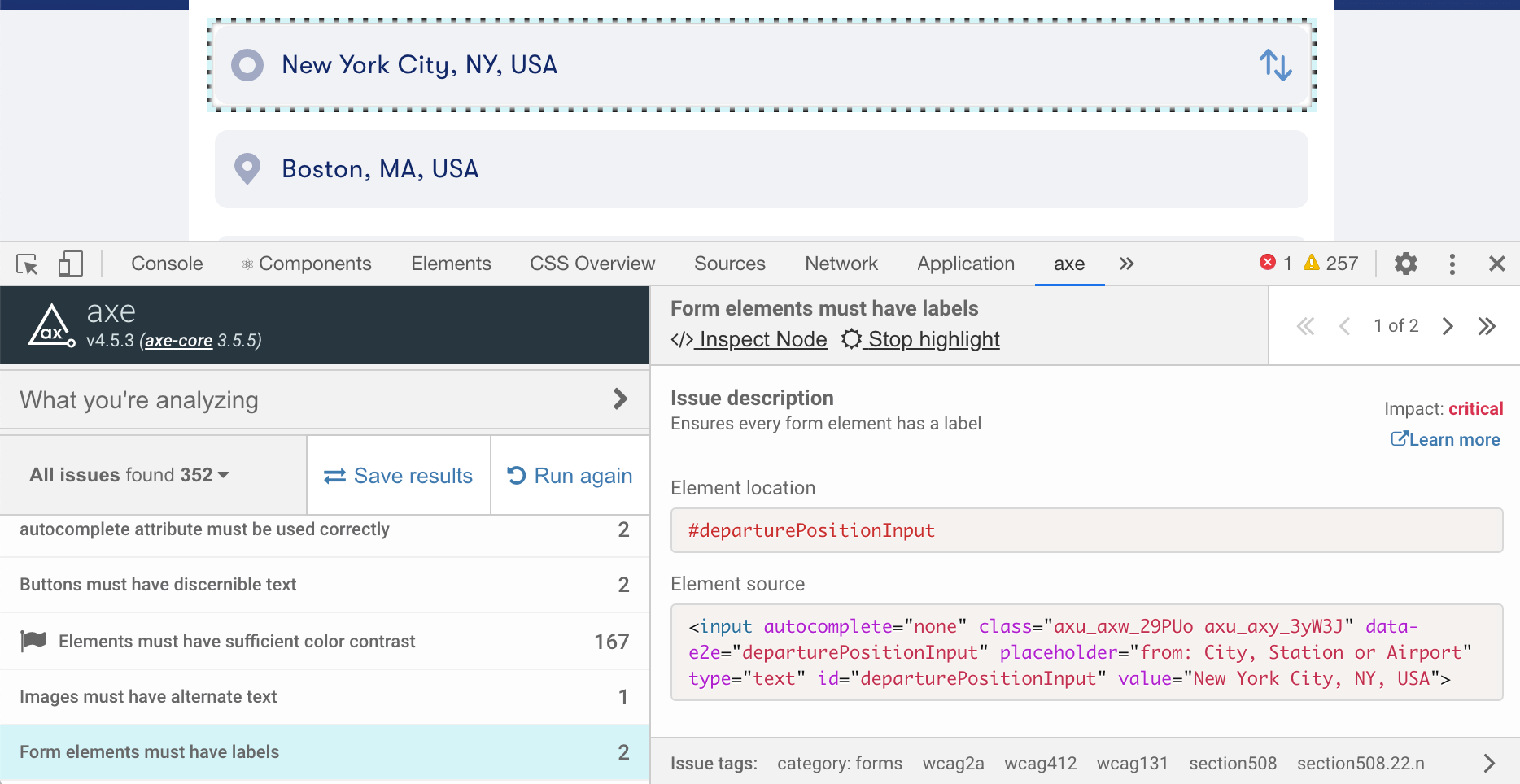 Axe Chrome extensions site analysis results