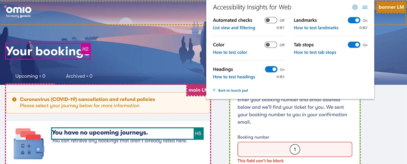 Accessibility Insights highlights highlight headings, landmark regions, and tab stops on a page