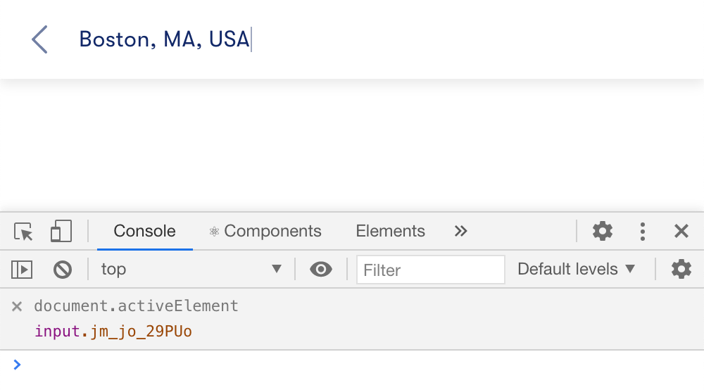 Using Chrome DevTools live expression to check which element is in focus